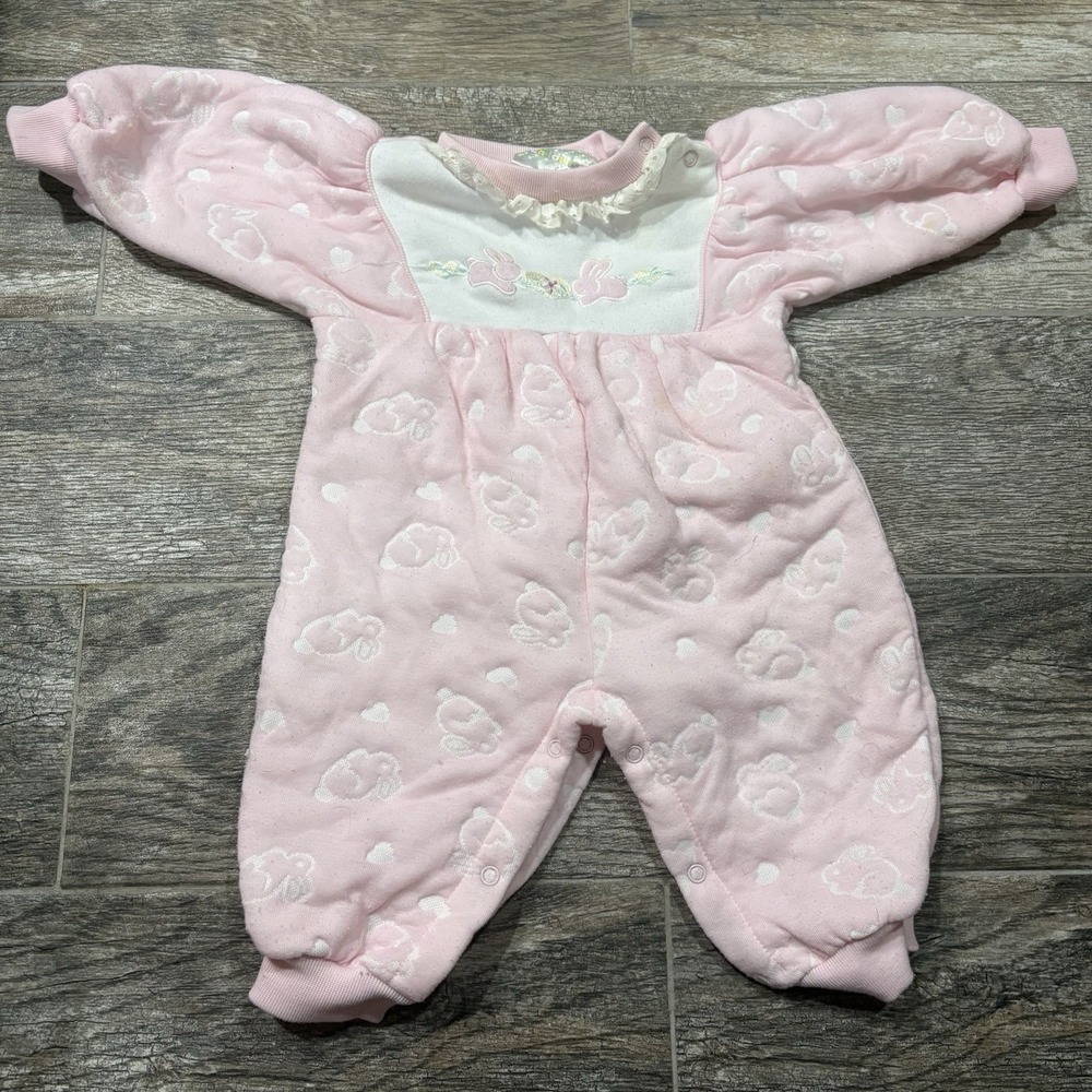 Vintage Childwise Baby Girl One Piece Outfit Sz 6-9 Months Pink Bunnies Quilted
